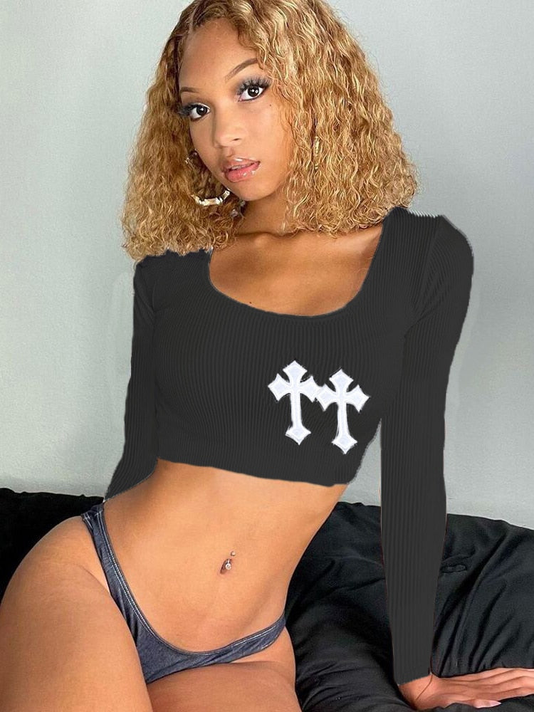 Cross Embroidered Crop Top for Women