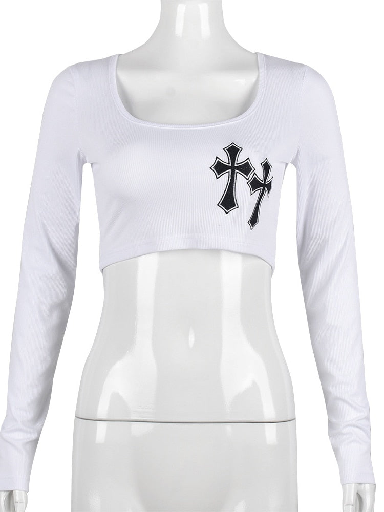 Cross Embroidered Crop Top for Women